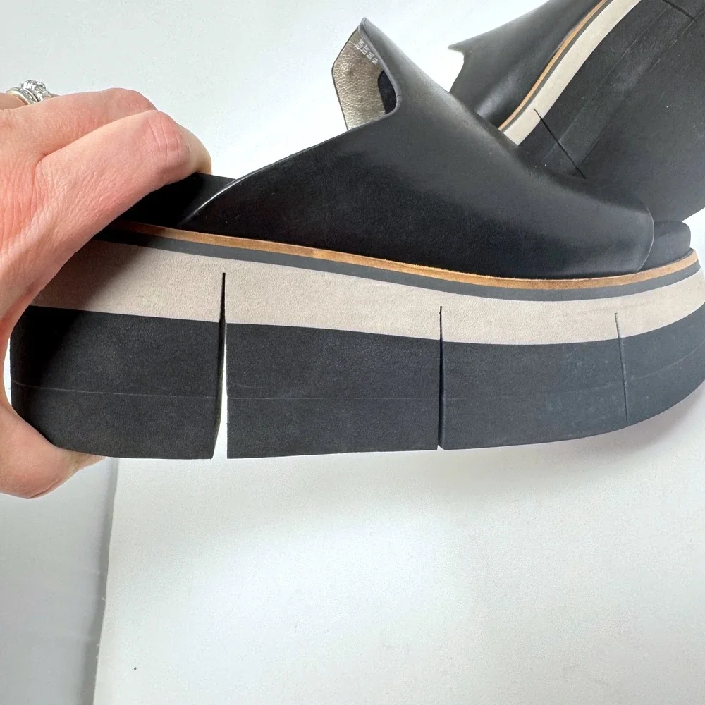 Naked Feet Flow Black Onyx Leather Platform Wedge Slide Sandals Women 7.5 M